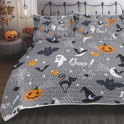 Lindo Juego de Edredón Gris Bruja y Gato - Patrones Calabaza Halloween, Fantasma, Moda... Foto 1 de 4