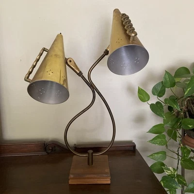 MCM 1950s Retro Lamp Dual Pierced Brass Cones W Raised Braid Design & Wood Base. - Image 1 of 4