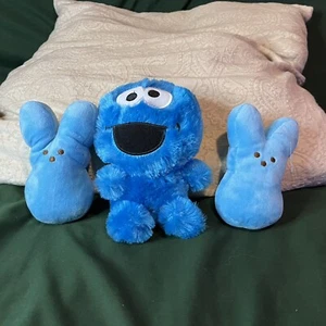 Lot Of 2 Peeps Blue Bunny Rabbit 6" Plush + Cookie Monster - Picture 1 of 5