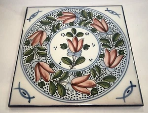 Vintage Hand Glazed Alcora Ceramic Tile Trivit Spain Floral 6” Blue White Pink - Picture 1 of 9