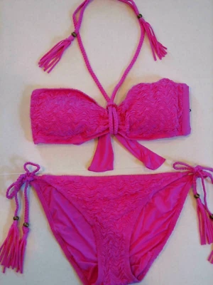 Nanette Lepore L Hot Pink Smocked 2 Piece Bandeau Bikini Swim Suit Tassels - Image 1 of 4