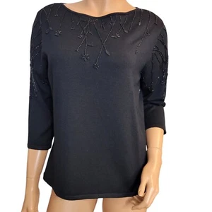 Talbots Vintage Sweater Womens Large Beaded Silk Blend Black 3/4 Sleeve - Picture 1 of 13