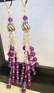 ORECCHINI PENDENTI GOCCIA SX Thailand tondi perline ametista argento sterling lunghezza 3" - Foto 1 di 5