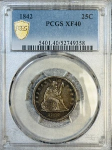 1842 SEATED LIBERTY QUARTER 25C, PCGS XF40 GOLD SHIELD - Picture 1 of 4
