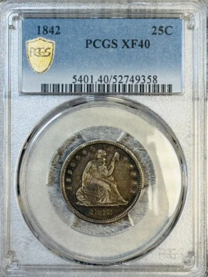 1842 SEATED LIBERTY QUARTER 25C, PCGS XF40 GOLD SHIELD - Image 1 of 4