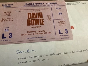 2 unused David Bowie tickets Earls Court 01/0778 & rca letter Anne nightingale - Picture 1 of 2