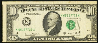 US Faulty Alignment Skewed Face Printing Error $10 1969C Federal Reserve. VF - Image 1 of 2
