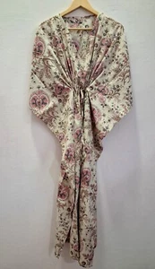Cream Pink Floral Long Kaftan Maxi Dress Block Print Dressing Gown (s to 3xl) - Picture 1 of 7
