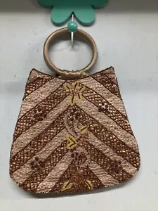 Handmade Tan Beaded Embroidered Satin Two Round Handles Evening Bag Purse - Picture 1 of 6