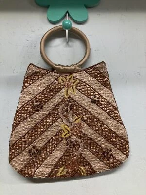 Handmade Tan Beaded Embroidered Satin Two Round Handles Evening Bag Purse - Image 1 of 4