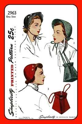Womens HAT Cap BONNET Purse BAG Pattern 2963 Vintage 1949 One Size - Image 1 of 4