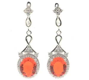 Eye Catching Orange Spessartine Garnet White CZ Woman's Gift Silver Earrings - Picture 1 of 3