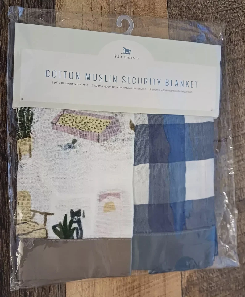 16" X 16" cada una 2 mantas de seguridad de muselina de algodón pequeño unicornio gato/jack a cuadros Foto 1 de 1