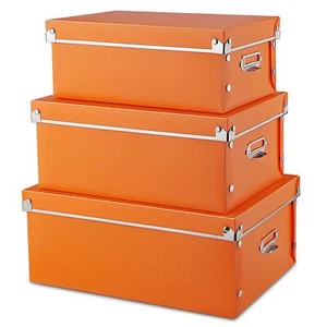 SEEKIND 3in1 Photo Storage Boxes Set Small Medium Large Orange with Lids Handles - Picture 1 of 6