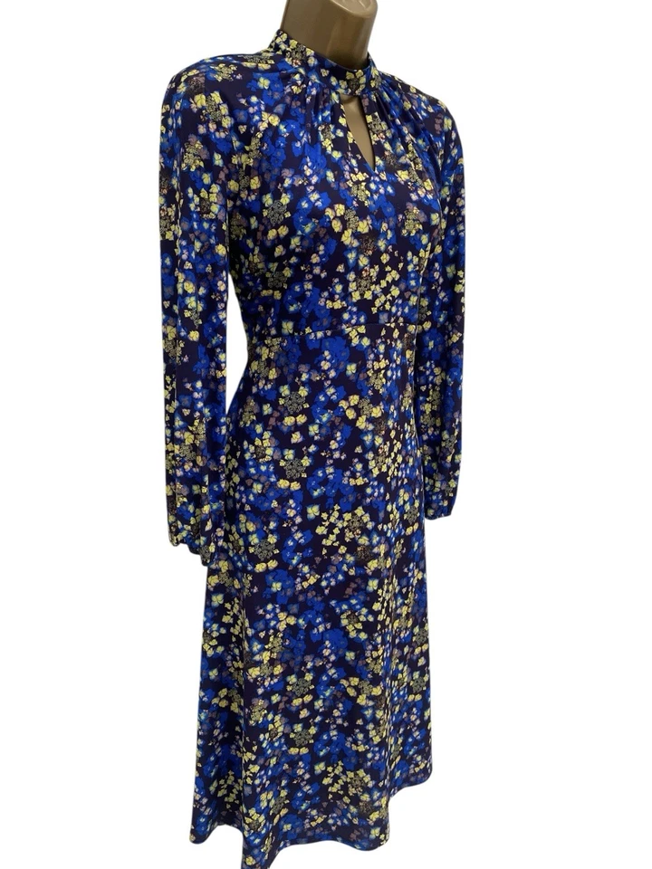Wallis Midi Dress UK Size 14 Petite Blue Yellow High Neck Long Sleeve - Image 1 of 4
