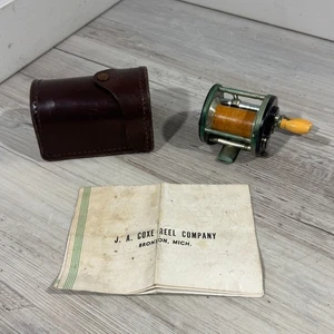 Vintage JA COXE Model 25 Level Winding Bait Casting Fishing Reel w/ Leather Case - Picture 1 of 10