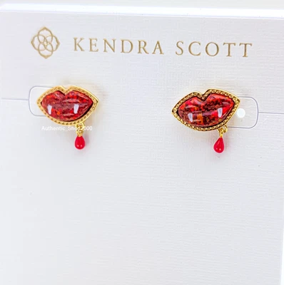 New 100% KENDRA SCOTT Red Lab Opal Vampire Lip Fangs Drop Blood Stud Earrings - Image 1 of 4