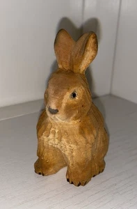 Cute Vtg Carved Wood Bunny Rabbit Brown Figurine Small - Picture 1 of 6
