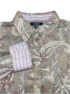 Chaps Womens Large No Iron Button Up Tan Pink Paisley Flip Cuff Office Classic - Picture 1 of 6