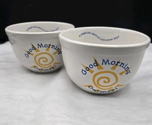 GOOD MORNING OATMEAL 2 Soup Bowls Ceramic Round Thick Yellow Sun Blue Graphics - Picture 1 of 8