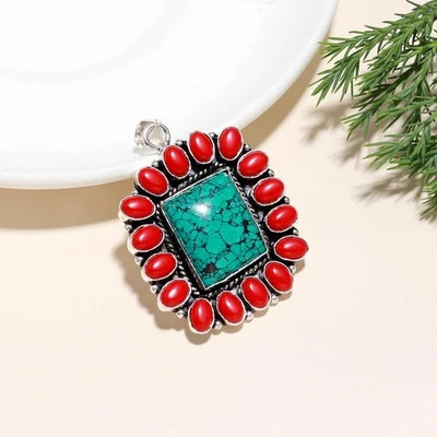 Colgante de plata de ley 925 hecho a mano con piedras preciosas de coral turquesa y rojo Foto 1 de 4