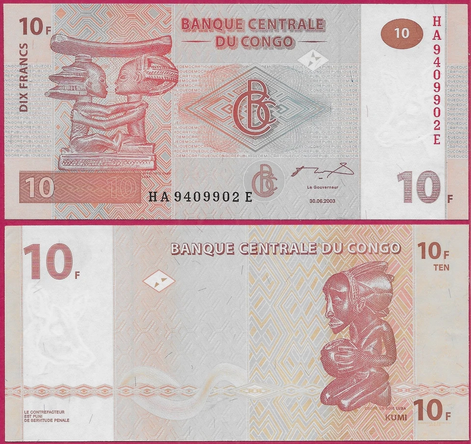 CONGO DEMOCRATIC REP 10 FRANCS 2003 UNC HA-E,APUI-TETE CHEF LUBA CARVING OF A CO - Image 1 of 1