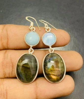 Labradorite Gemstone 925 Sterling Silver Handmade Earring Jewelry Gift For Love - Image 1 of 2