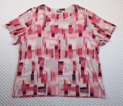 JM Collection Womens Top Blouse Plus Size 3X Pink Red Abstract Short Sleeve - Image 1 of 4