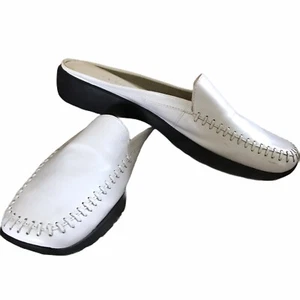 Via Piella Women's White Open Back Leather Loafers Size 8M Brazil Sq Toe 1" Heel - Picture 1 of 12
