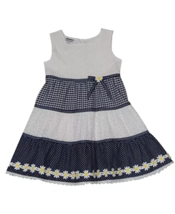 Blueberi Boulevard WHITE/NAVY Girls Eyelet Lace & Gingham Daisy Dress US 4T - Picture 1 of 1