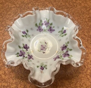 Fenton 6" White Fluted Silver Crest Bowl with Hand Painted Violets - Picture 1 of 5