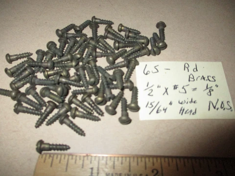 65 VINTAGE SOLID BRASS WOOD SCREWS WITH THE ROUND SLOT HEAD 1/2" LONG X #5= 1/8" Cover