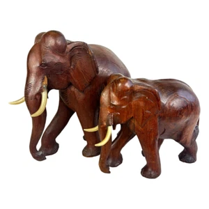 Estatuilla de estatuas de animales grandes y pequeños tallados en madera de elefantes indios de colección - Imagen 1 de 18