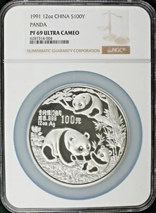 1991 12 oz. Silver Panda 100 Yuan NGC PF69 Ultra Cameo. Tied for finest known. - Picture 1 of 2