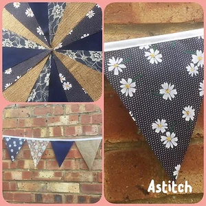 HANDMADE FABRIC BUNTING.WEDDINGS ,PARTIES,VINTAGE NAVY COLLECTION.HESSIAN - Picture 1 of 9