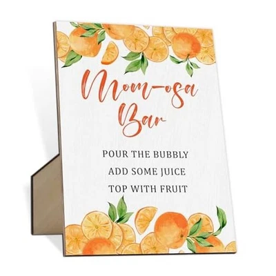 Letrero de mesa Mom-osa Bar Baby Shower con soporte género neutro naranja cítrico Foto 1 de 4