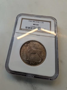 1942 IRELAND 1/2 CROWN KM# 16, Irish Hunter Horse & Celtic Harp, NGC MS 64 - Picture 1 of 7