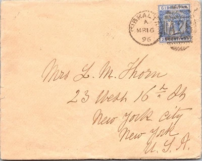 Cubierta del Territorio Británico Gibraltar de 1896 a la ciudad de Nueva York NY EE. UU. Foto 1 de 2