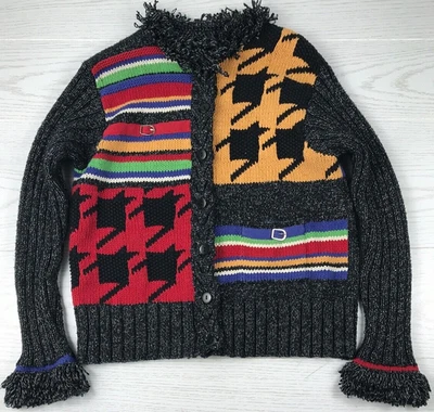 Vintage Hand Knit Cardigan Sweater Womens M Gray Color Block Susan Bristol 2001 - Image 1 of 4