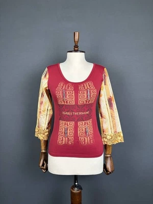 Save The Queen Womens Top Size M Red Polyamide Lace 3/4 Sleeve Crew Neck Blouse - Image 1 of 4