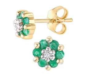 9ct Yellow Gold Emerald & Diamond Stud Earrings - Picture 1 of 5