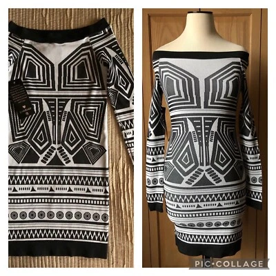 BEBE Tribal Aztec Off Shoulder black white stretchy knit bandage bodycon dress S - Image 1 of 4