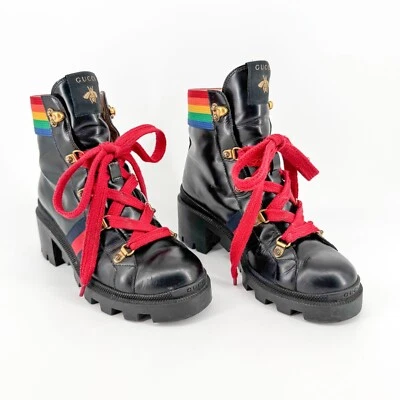 Gucci Trip Rainbow Combat Boots EU 37.5 US 7.5 Black Leather Lace Up Moto Stripe - Image 1 of 4