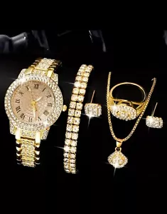 6pcs Set Watch Gift for Women Silver Luxury Rhinestone Quartz Hiphop Jewelry - Picture 1 of 4