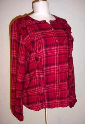 Blusa Sonoma com botão frontal tamanho médio babados pradaria manga longa xadrez - Imagem 1 de 4