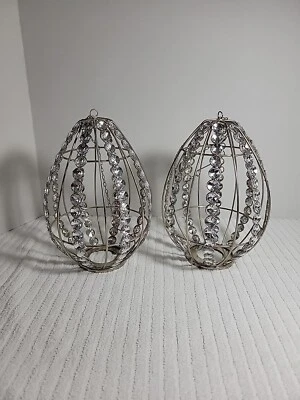 Beaded Egg Shape Candle Holders, Hanging Pewter & Clear Beads Diamond Foto 1 de 4