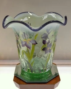 FENTON VASE Sea Green Opalescent Violet Crest FLIP Irises BILL FREEusaSHP - Picture 1 of 5