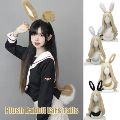 Furry Bunny Ears Headband Cute Tails Plush Cosplay Party Animal Tail Props - Image 1 of 4
