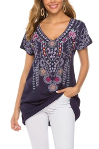 AK Mujer Cuello en V Boho Bordado Mangas Cortas Top/Blusa Talla M - Azul Marino - Imagen 1 de 5