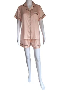 Womens Silk Satin Pink Pajama Sets Soft Short Sleeve Button Down - Picture 1 of 5